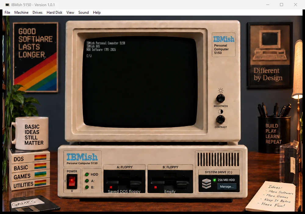 IBMish 1.0.1 displaying its DOS startup prompt inside a beige retro workstation with a live CRT, drive bays, and desk accessories.