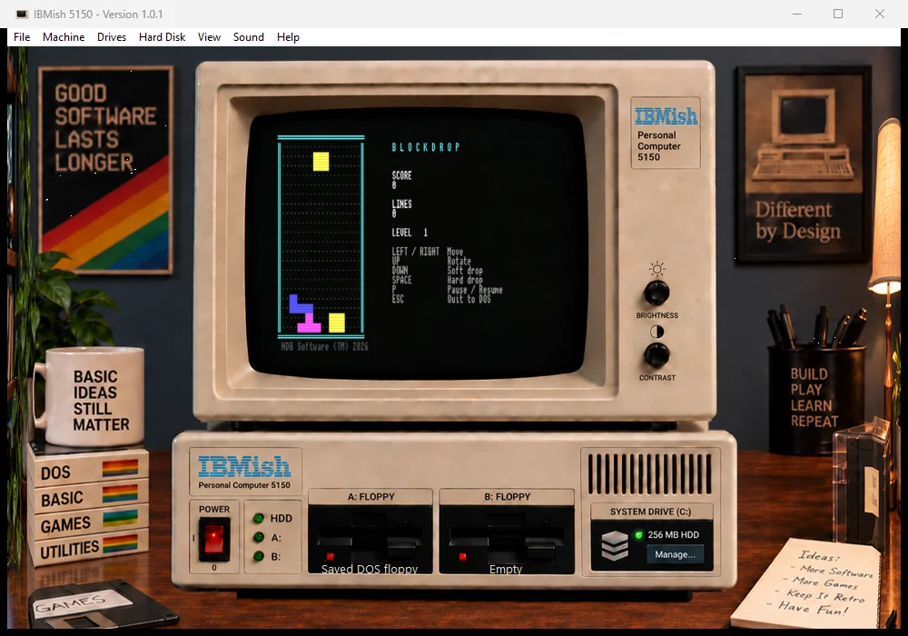 The bundled BlockDrop game running inside IBMish, with colored falling blocks, a playfield, score, and keyboard controls.