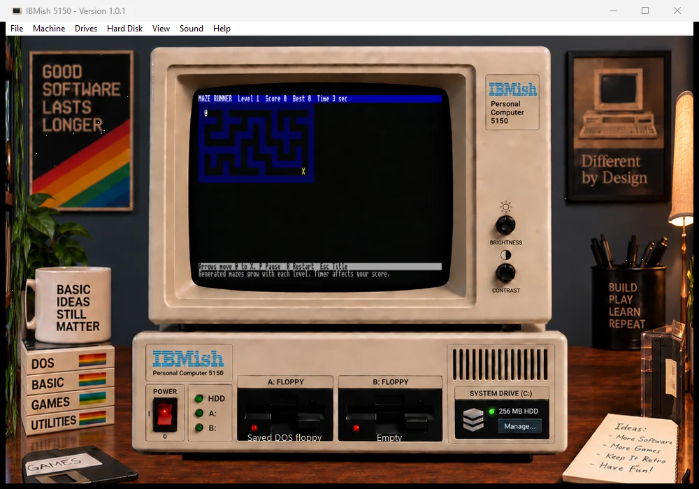 IBMish running Maze Runner with a generated maze, player position, goal, and game status on the CRT.