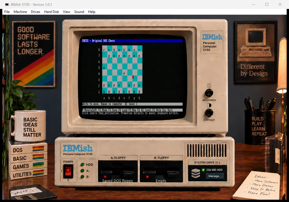 IBMish running its bundled DOS chess game after an opening move, showing a colored board and move controls.