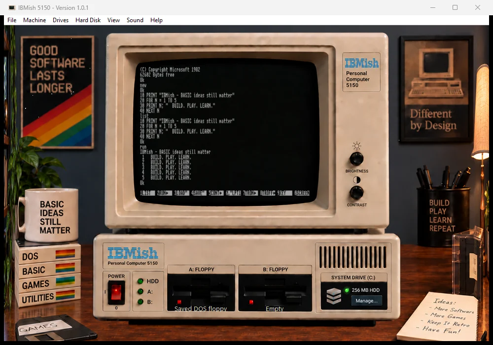 A short numbered GW-BASIC program and its printed output running inside IBMish.