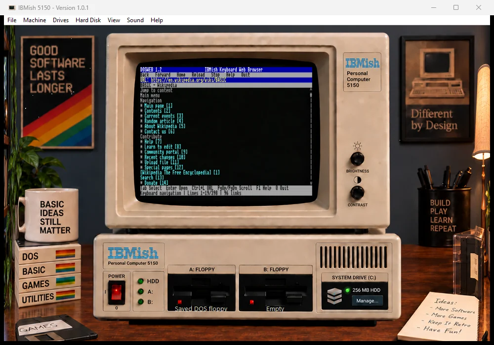 DOSWeb running inside IBMish with its text-based page display and keyboard navigation controls.